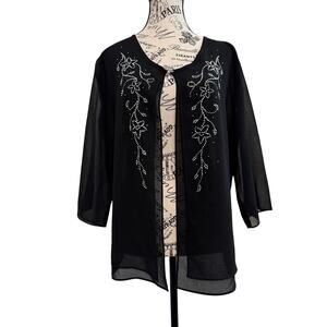 C.O.C. Women's 2X Black Rhinestone Cardigan Sheer Layered Top 3/4 Sleeve